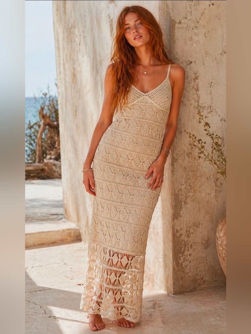Anthropologie Diamond Crochet Knit Lined Dress In Ivory Sz Medium/Large NIP$252